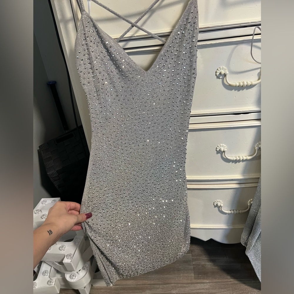 BRAND NEW NEVER WORN silver rhinestone mini dress with open back